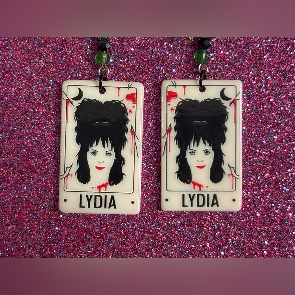 Lydia Dietz Beetlejuice Earrings Dangle Acrylic Double Sided with heart Accent